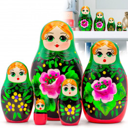 Russian Nesting Dolls Set of 5 pcs - Matryoshka in Green Head Scarf and Sarafan with Rose Flowers