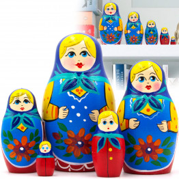 Matryoshka in Blue Headscarf and Sarafan Dress with Red Flowers (Set of 5 pcs)
