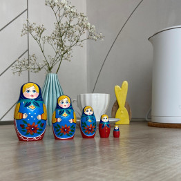 Matryoshka in Blue Headscarf and Sarafan Dress with Red Flowers (Set of 5 pcs)