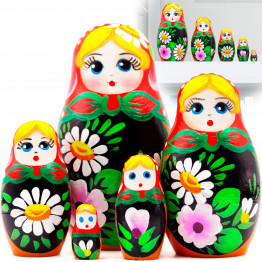 Russian Doll with Hand Painted Bouquet of Lily and Daisy Flowers Set of 5 pcs