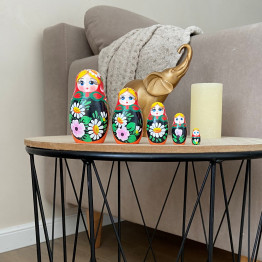 Russian Doll with Hand Painted Bouquet of Lily and Daisy Flowers Set of 5 pcs