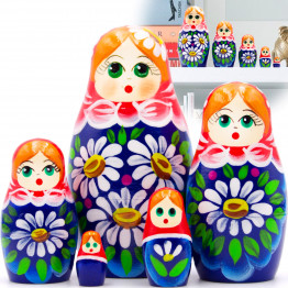 Russian Nesting Dolls Set of 5 pcs - Russian Doll with with Bouquet of Chamomile Flowers