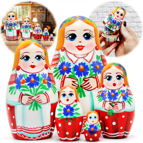 Russian Matreshka Doll in Belarussian Folk Dress with Cornflowers Set of 5 pcs