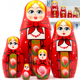Matryoshka Dolls with Traditional Red Russian Sarafan Set 5 pcs - Hand-Painted Wooden Nesting Doll