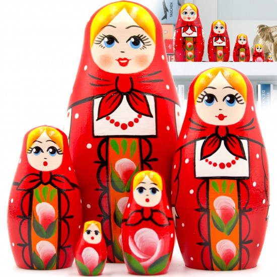 Matryoshka Dolls with Traditional Red Russian Sarafan Set 5 pcs - Hand-Painted Wooden Nesting Doll