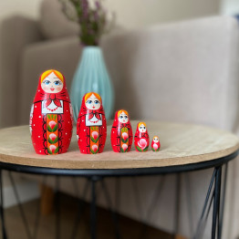 Matryoshka Dolls with Traditional Red Russian Sarafan Set 5 pcs - Hand-Painted Wooden Nesting Doll