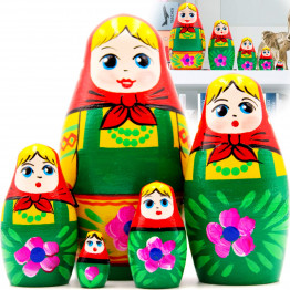 Matryoshka in Green Sarafan and Red Headscarf (Set of 5 pcs) for Home Decor