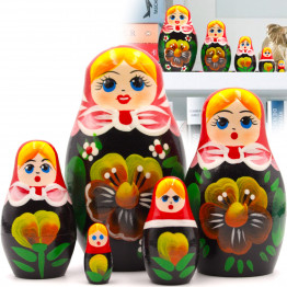 Nesting Dolls in Red Head Scarf and Sarafan Dress with Violets Flowers-Set of 5 pcs Russian Nesting Dolls with Violet Decorations