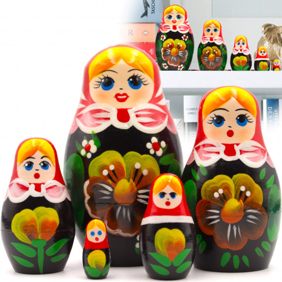 Nesting Dolls in Red Head Scarf and Sarafan Dress with Violets Flowers-Set of 5 pcs Russian Nesting Dolls with Violet Decorations