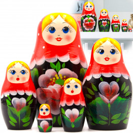 Matryoshka in Sarafan Dress with Chamomile Flowers and Red Poppies Set of 5 pcs