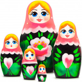 Matryoshka in Pink Head Scarf and Sarafan Dress with Chamomile and Poppy Flowers Set of 5 pcs