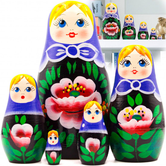 Russian Nesting Dolls Set of 5 pcs - Russian Doll in Purple Head Scarf and Sarafan with Poppies Bou