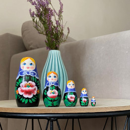 Russian Nesting Dolls Set of 5 pcs - Russian Doll in Purple Head Scarf and Sarafan with Poppies Bou