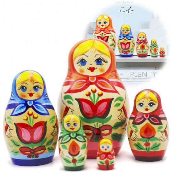 Traditional Hand-Painted Wooden Nesting Dolls Set of 5 Pcs