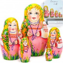 Nesting Dolls Set 5 pcs Flowers in Pigtail - Matryoshka Dolls in Pink Dress - Matreshka Dolls