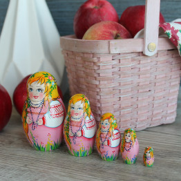 Nesting Dolls Set 5 pcs Flowers in Pigtail - Matryoshka Dolls in Pink Dress - Matreshka Dolls