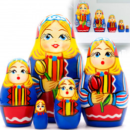 Russian Doll in Traditional Dutch Folk Dress with Tulips Set of 5 pcs