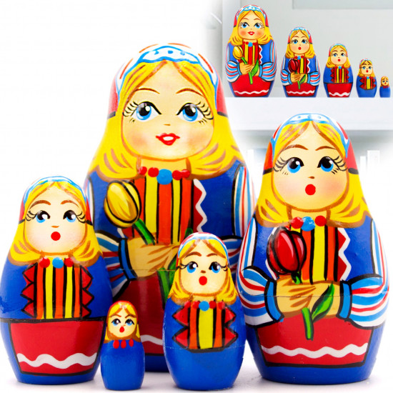 Russian Doll in Traditional Dutch Folk Dress with Tulips Set of 5 pcs