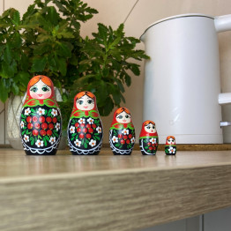 Russian Doll in Sarafan Dress with Rowan Branches and Daisy Flowers Set of 5 pcs
