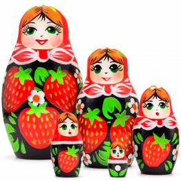 Russian Matryoshka Dolls in Sarafan Dress with Strawberries of 5 pcs - Handmade Strawberry Decor