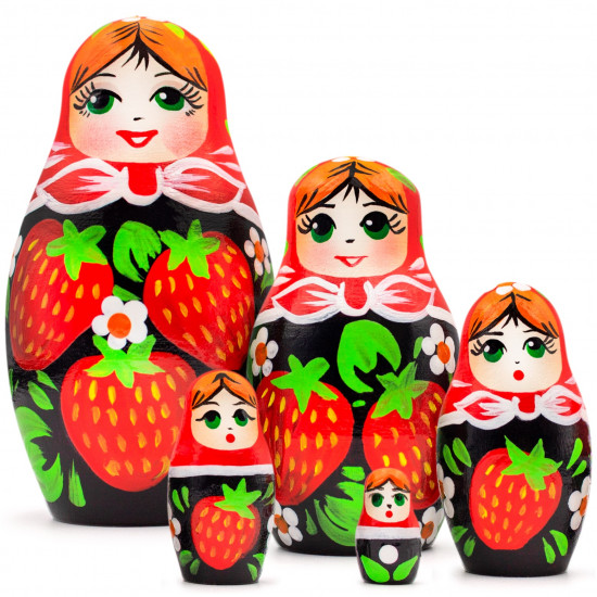 Russian Matryoshka Dolls in Sarafan Dress with Strawberries of 5 pcs - Handmade Strawberry Decor