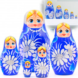 Nesting Dolls Set of 5 pcs in Blue Sarafan with Daisy Flowers