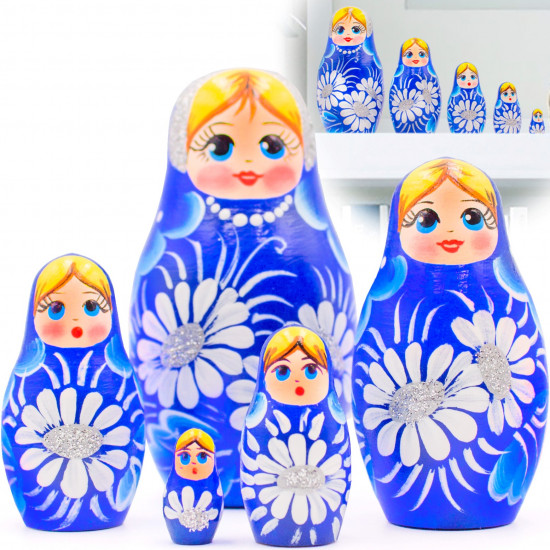 Nesting Dolls Set of 5 pcs in Blue Sarafan with Daisy Flowers