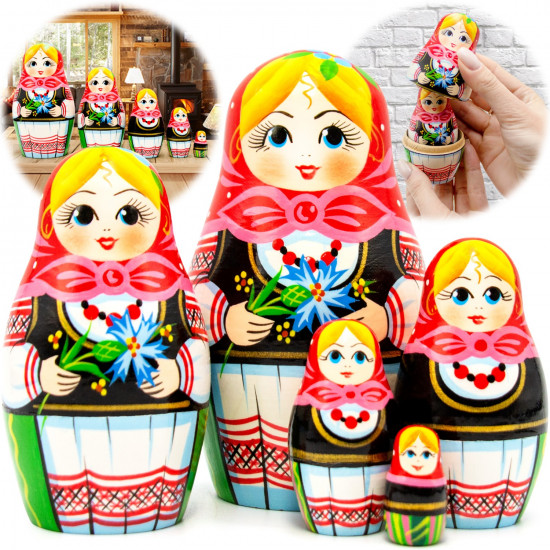 Belarusian matryoshka in national dress with cornflower bouquet set of 5 pieces