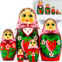Russian Doll Set of 5 pcs in Strawberry Dress - Matryoshka Doll with Strawberries