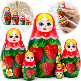 Russian Nesting Dolls Set 5 pcs - Traditional Russian Matryoshka with Strawberry Decorations