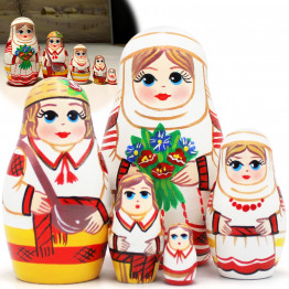 Belarusian matryoshkas in folk dress with a bouquet of cornflowers set of 5 pieces