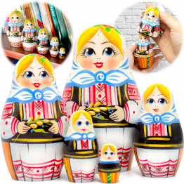 Wooden Matryoshka Dolls in Belarusian National Dress with Wheat Stalks, Set of 5
