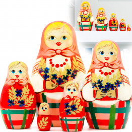 Russian Doll in Belarussian Folk Dress with Cornflowers and Spikelets Set of 5 pcs