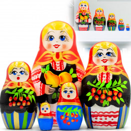 Russian Nesting Dolls Set of 5 pcs in Sarafan Dress with Folk Ornaments and Apples, Pears and Red Currant 