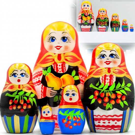 Russian Nesting Dolls Set of 5 pcs in Sarafan Dress with Folk Ornaments and Apples, Pears and Red Currant 