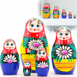 Matryoshka in Red Headscarf with Daisies (Set of 5 pcs)