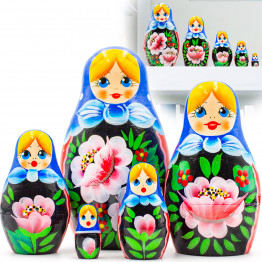 Nesting Dolls Set of 5 pcs with Hand Painted Rose Flowers