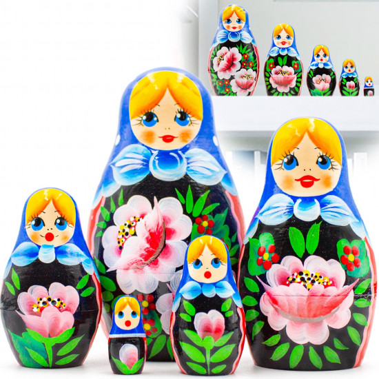 Nesting Dolls Set of 5 pcs with Hand Painted Rose Flowers
