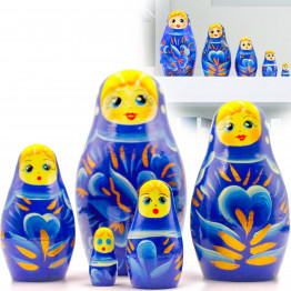 Blue Nesting Doll Set – 5-Piece Hand-Painted Wooden Matryoshka for Home Decor