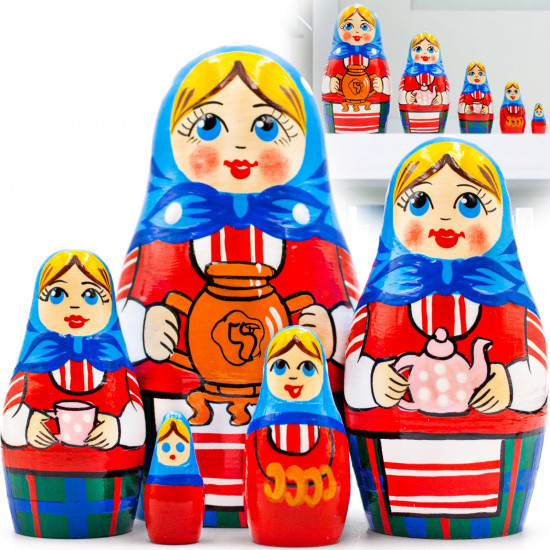 Russian Nesting Doll in Folk Dress with Russian Samovar Set of 5 pcs