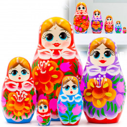 Wooden classic matryoshka doll set with lilies and bluebells, 5 pieces