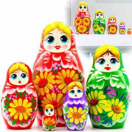 Russian Nesting Dolls Set of 5 pcs - Multicolour Russian Doll with Yellow Gerberas Flowers