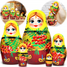 Nesting Doll with Rowan Branches Set 5 pcs - Handmade Matryoshka with Mountain Ash
