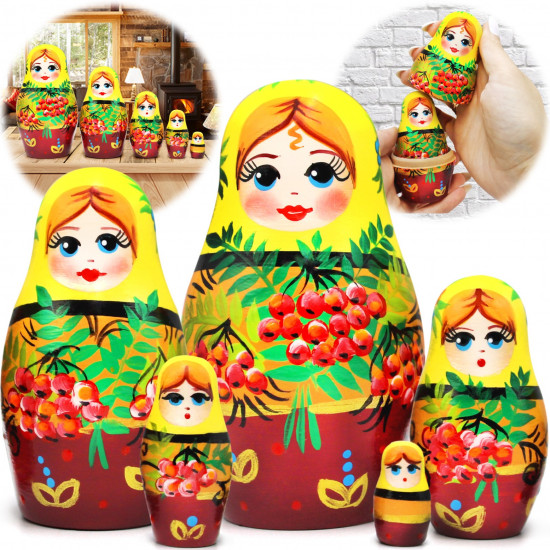 Nesting Doll with Rowan Branches Set 5 pcs - Handmade Matryoshka with Mountain Ash
