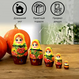 Nesting Doll with Rowan Branches Set 5 pcs - Handmade Matryoshka with Mountain Ash