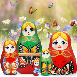 Butterfly Nesting Dolls 5-Piece Set – Hand-Painted Wooden Figurines in Red and Green