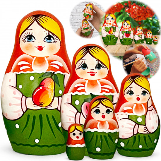 Russian nesting dolls featuring fruity motifs, Set of 5 pcs