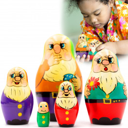 Seven Gnomes Fairy Tale Wood Nesting Dolls Set of 5 pcs - 7 Dwarfs Stacking Dolls