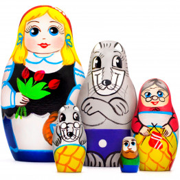 Wooden Nesting Dolls 5-Piece Little Red Riding Hood Set Hand-Painted Natural Wood Fairy Tale Toy