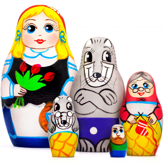 Wooden Nesting Dolls 5-Piece Little Red Riding Hood Set Hand-Painted Natural Wood Fairy Tale Toy